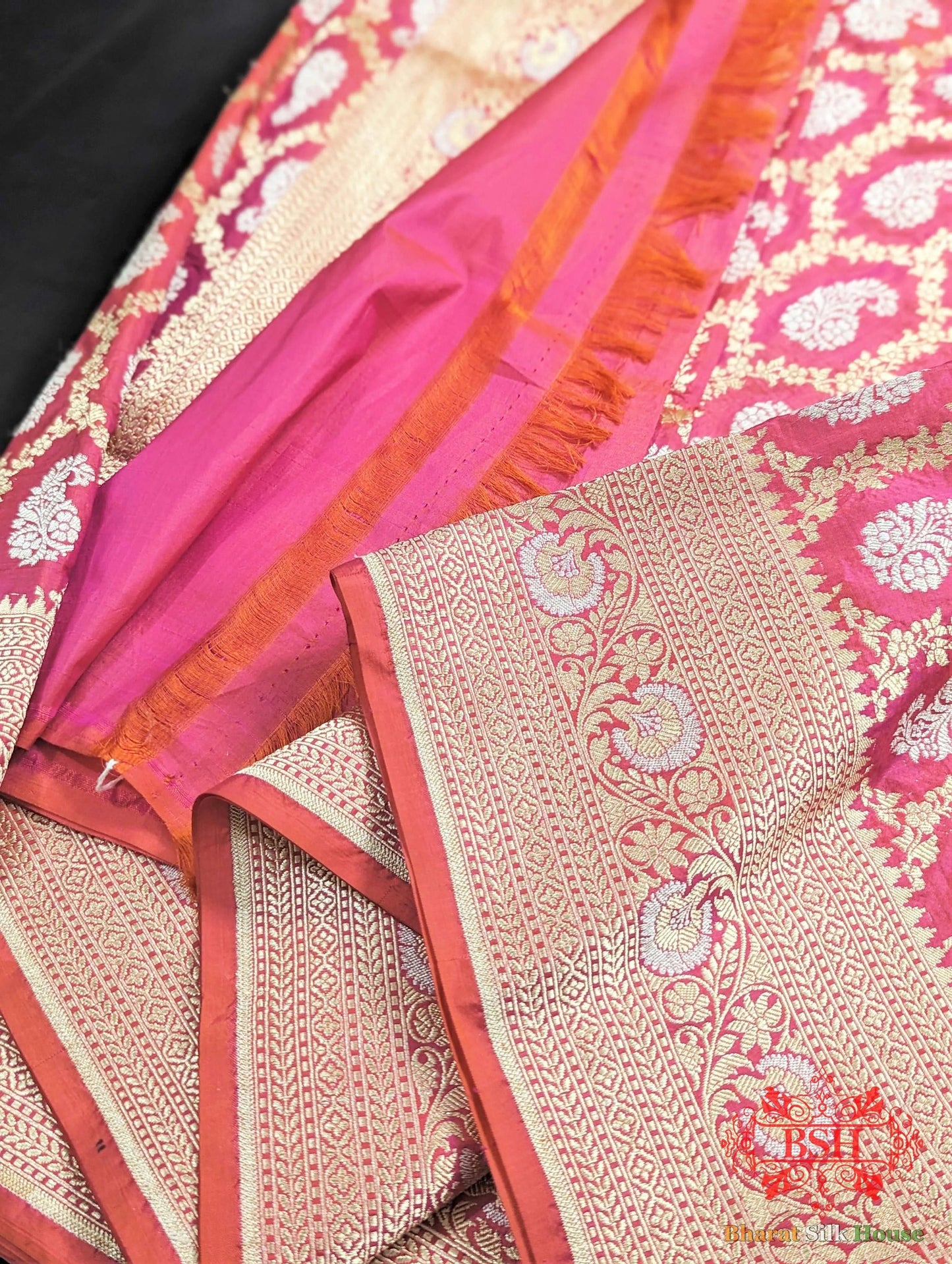 Banarasi Handwoven Katan Silk Saree With Dual Zari Floral Jaal In Shades Of Pink - Bharat Silk House