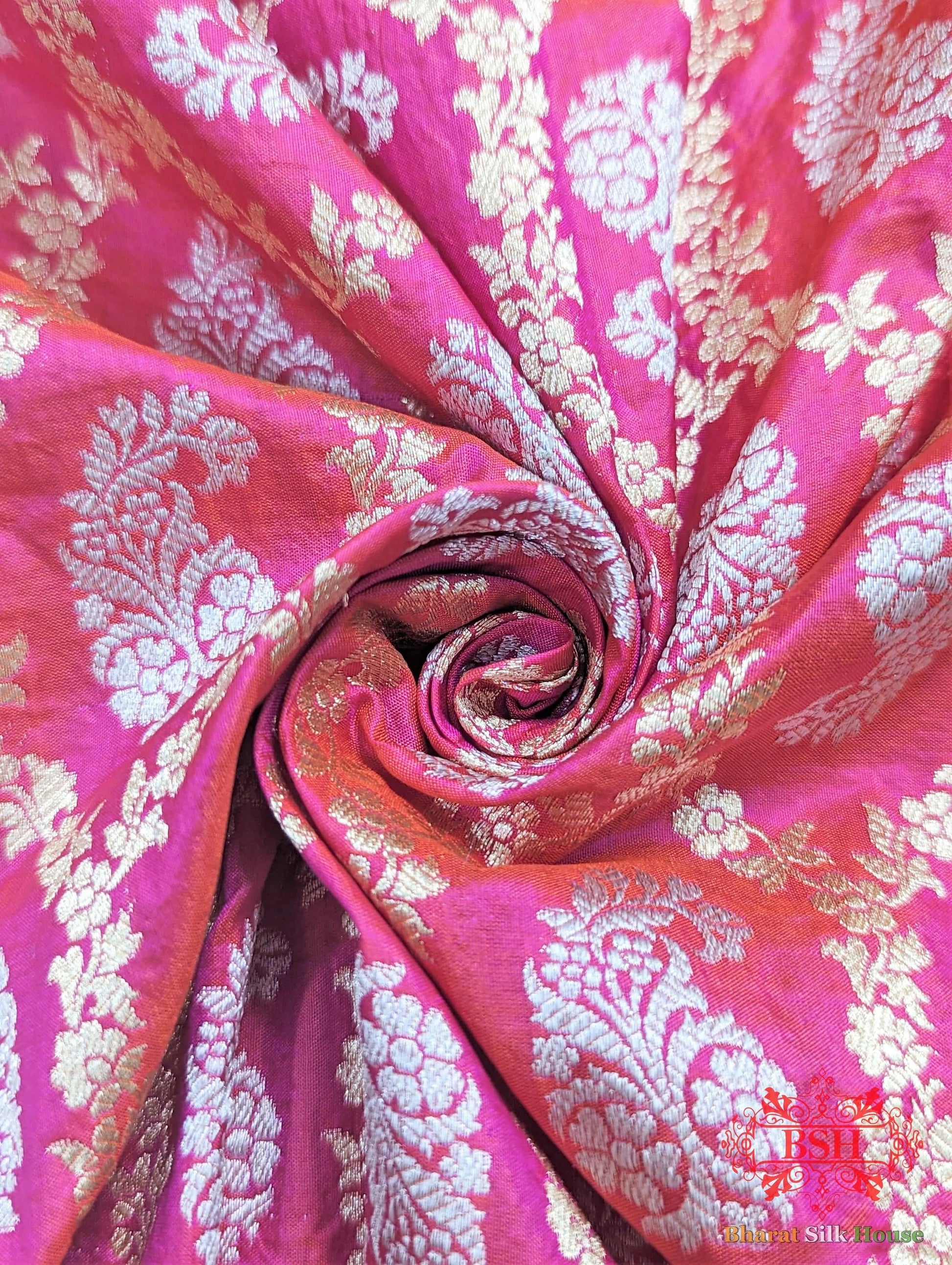 Banarasi Handwoven Katan Silk Saree With Dual Zari Floral Jaal In Shades Of Pink - Bharat Silk House