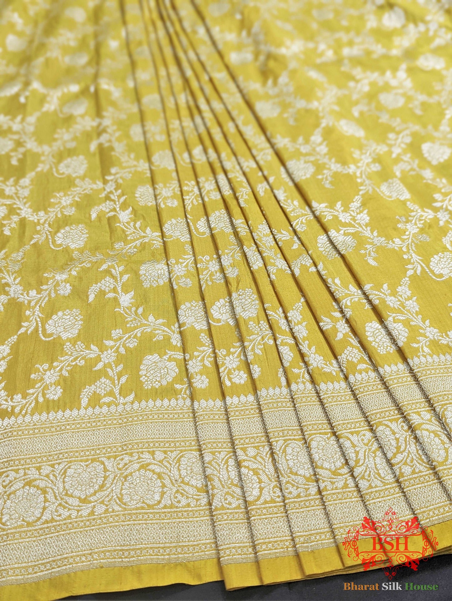 Banarasi Handwoven Katan Silk Saree With Zari Floral Jaal In Shades Of Yellow - Bharat Silk House