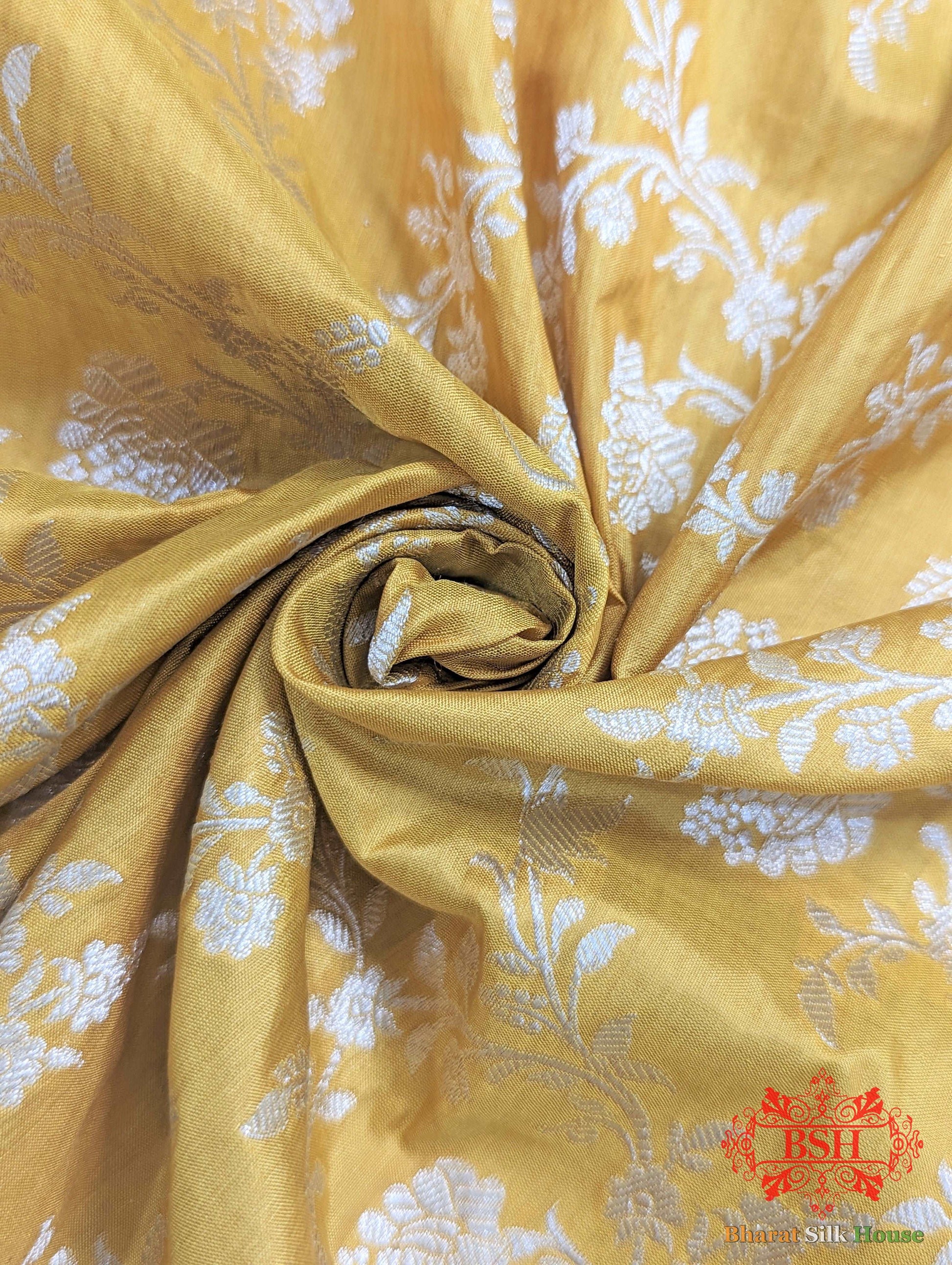 Banarasi Handwoven Katan Silk Saree With Zari Floral Jaal In Shades Of Yellow - Bharat Silk House