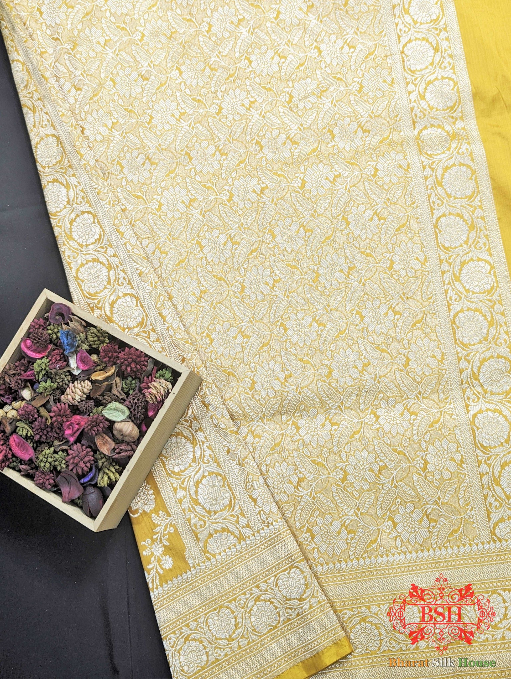 Banarasi Handwoven Katan Silk Saree With Zari Floral Jaal In Shades Of Yellow - Bharat Silk House