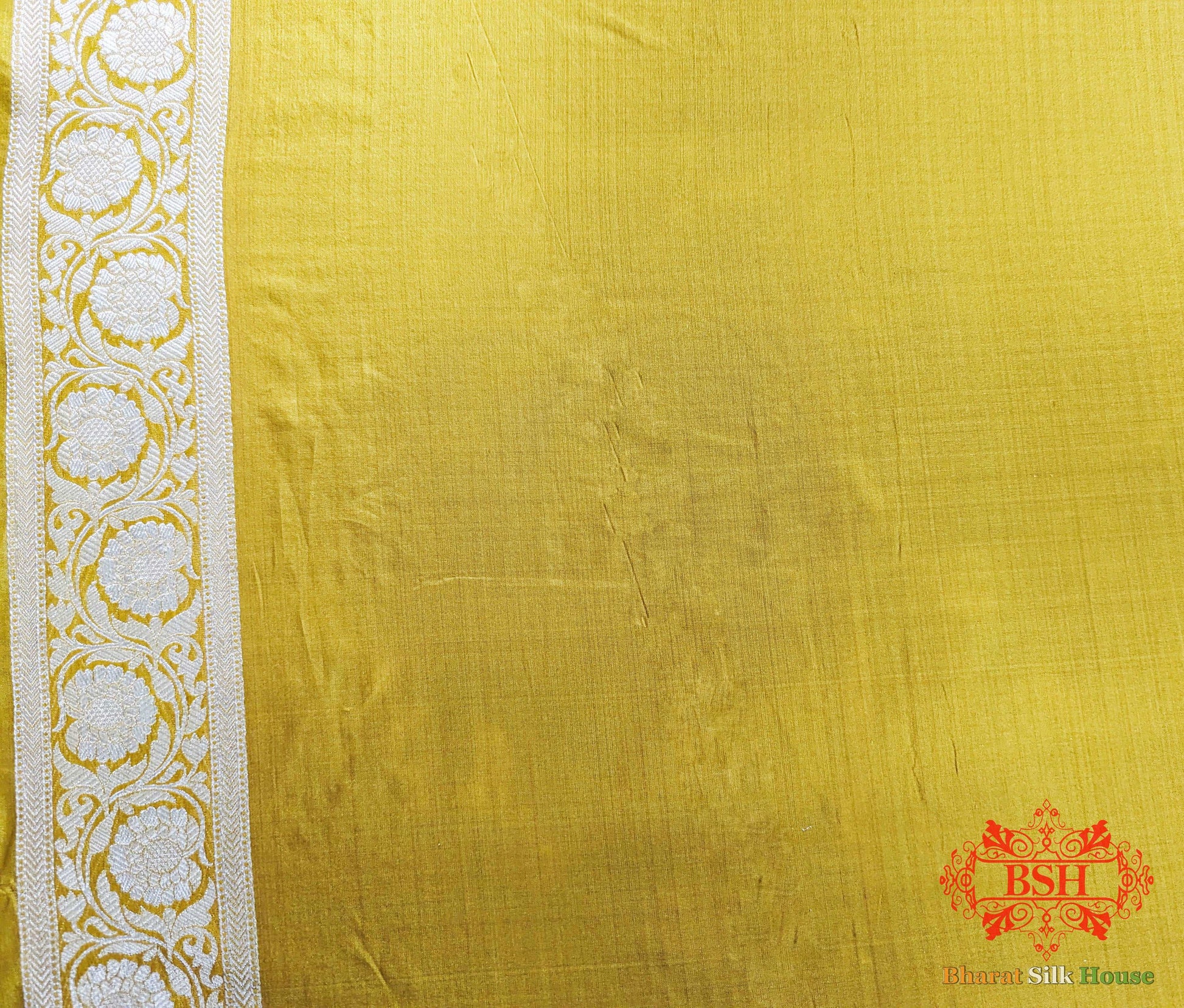 Banarasi Handwoven Katan Silk Saree With Zari Floral Jaal In Shades Of Yellow - Bharat Silk House