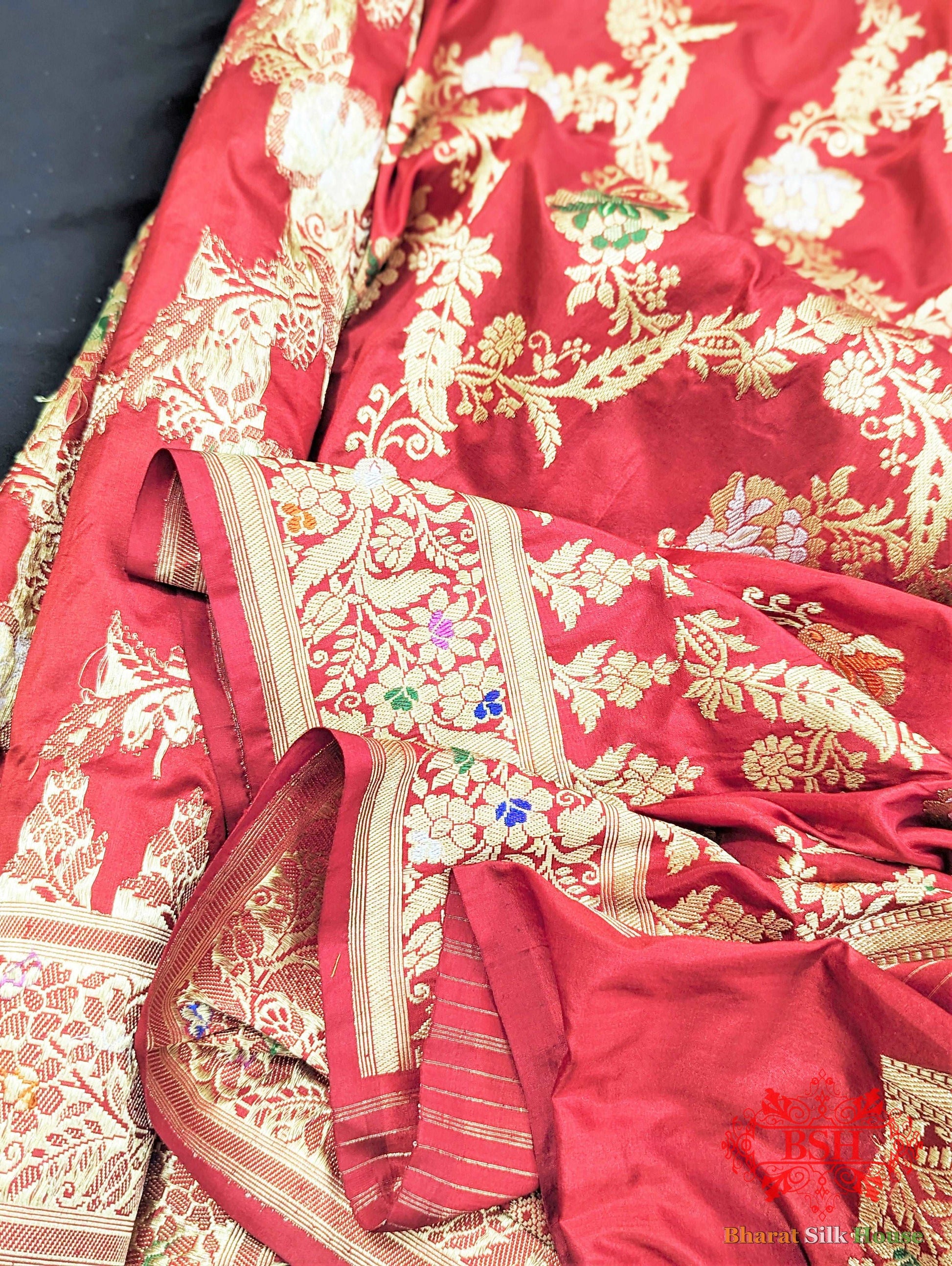 Banarasi Kadhwa Katan Meenakari Seven Color Meena Floral Jaal In Shades Of Red - Bharat Silk House