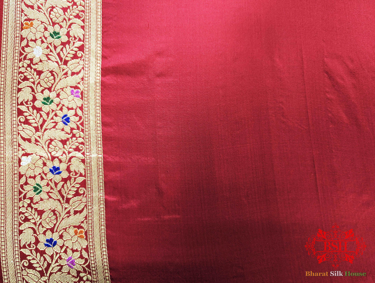 Banarasi Kadhwa Katan Meenakari Seven Color Meena Floral Jaal In Shades Of Red - Bharat Silk House