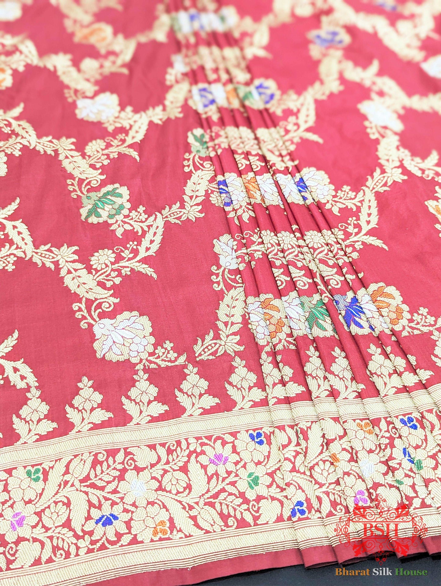 Banarasi Kadhwa Katan Meenakari Seven Color Meena Floral Jaal In Shades Of Red - Bharat Silk House