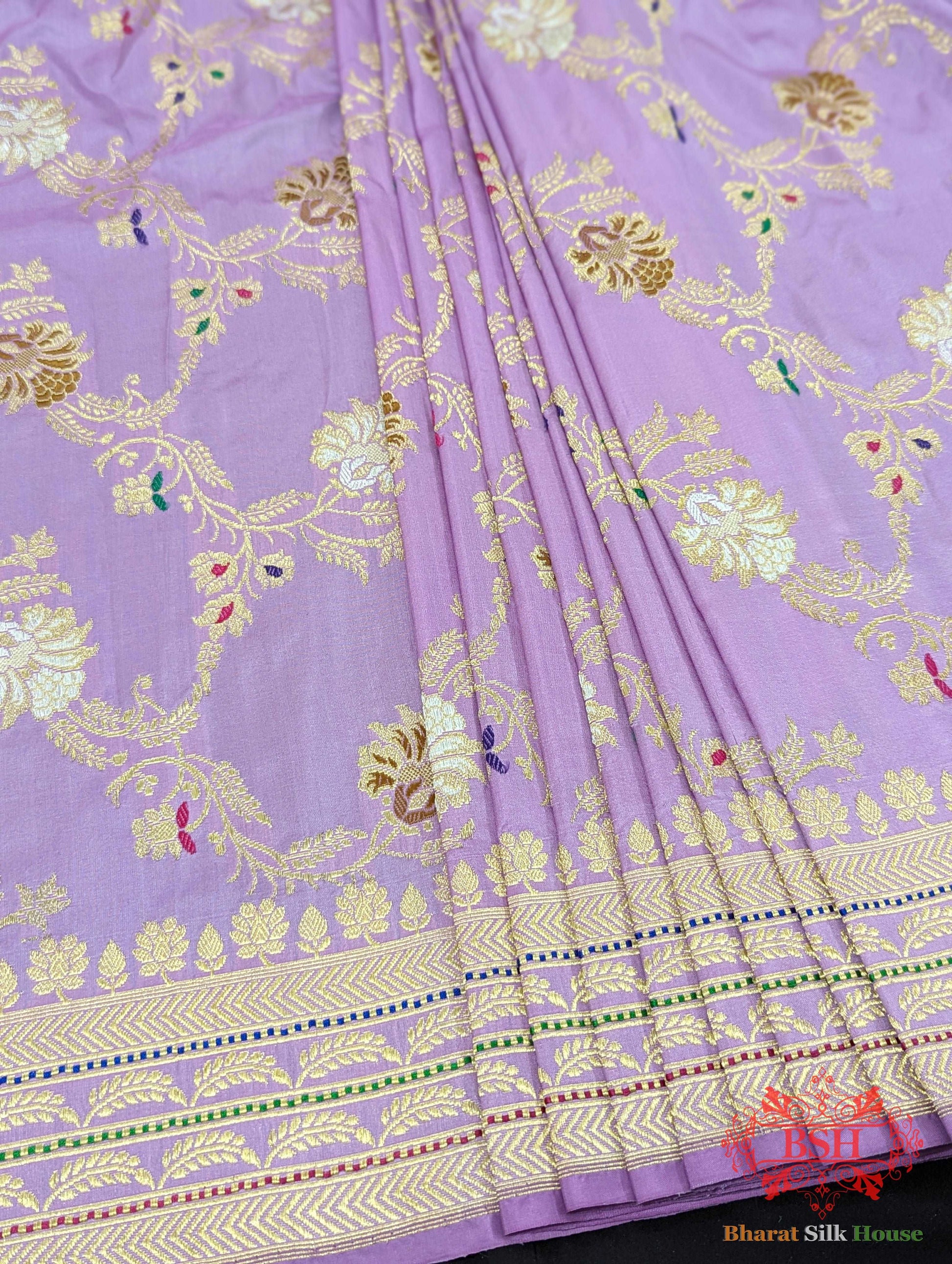 Banarasi Kadhwa Pure Katan Meenakari Seven Color Meena Floral Jaal In Shades Of Mauve - Bharat Silk House