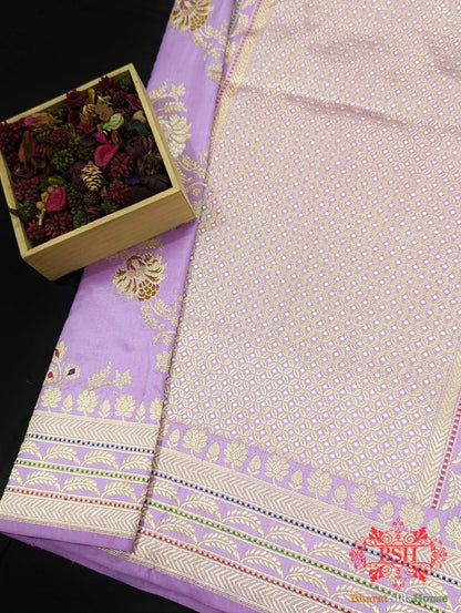 Banarasi Kadhwa Pure Katan Meenakari Seven Color Meena Floral Jaal In Shades Of Mauve - Bharat Silk House