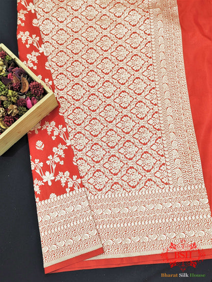 Banarasi Pure Katan Silk Opara Floral Jaal In Shades Of Red - Bharat Silk House