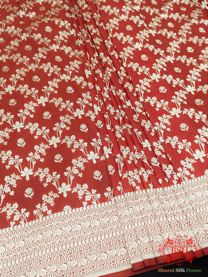 Banarasi Pure Katan Silk Opara Floral Jaal In Shades Of Red - Bharat Silk House