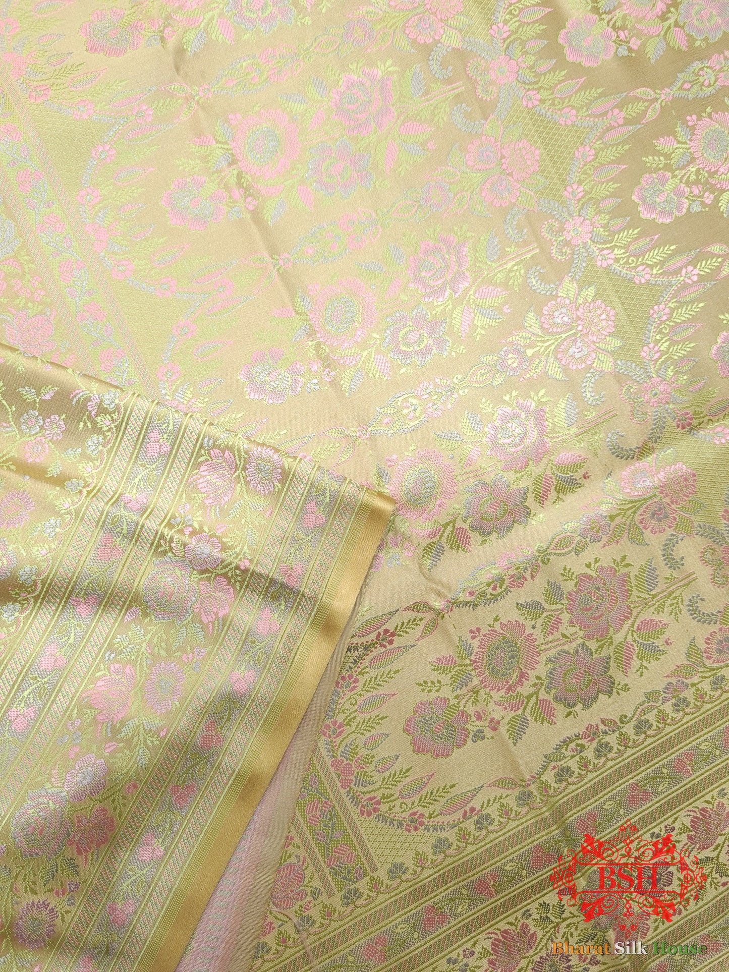 Beige Chauthera (Four Color) Resham Zari Tanchoi Katan Silk Saree - Bharat Silk House