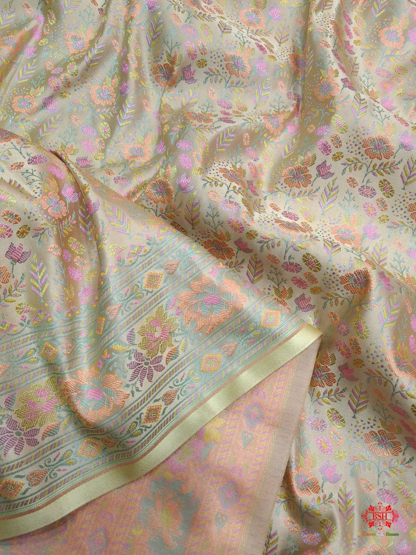 Beige Chauthera (Four Color) Resham Zari Tanchoi Katan Silk Saree - Bharat Silk House Tanchoi katan