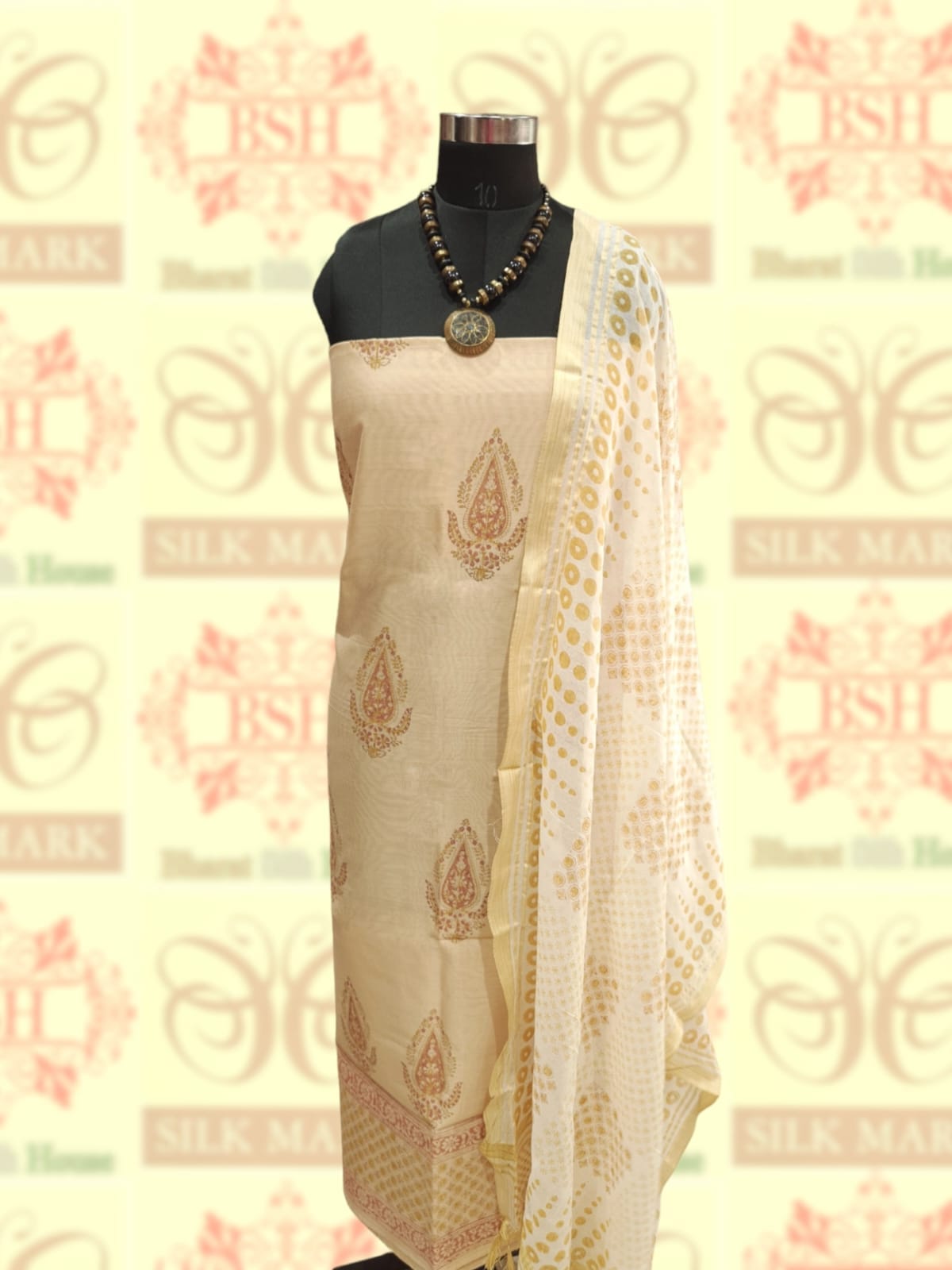 Beige Color Pure Cotton Block Print Unstitched Suitset - Bharat Silk House