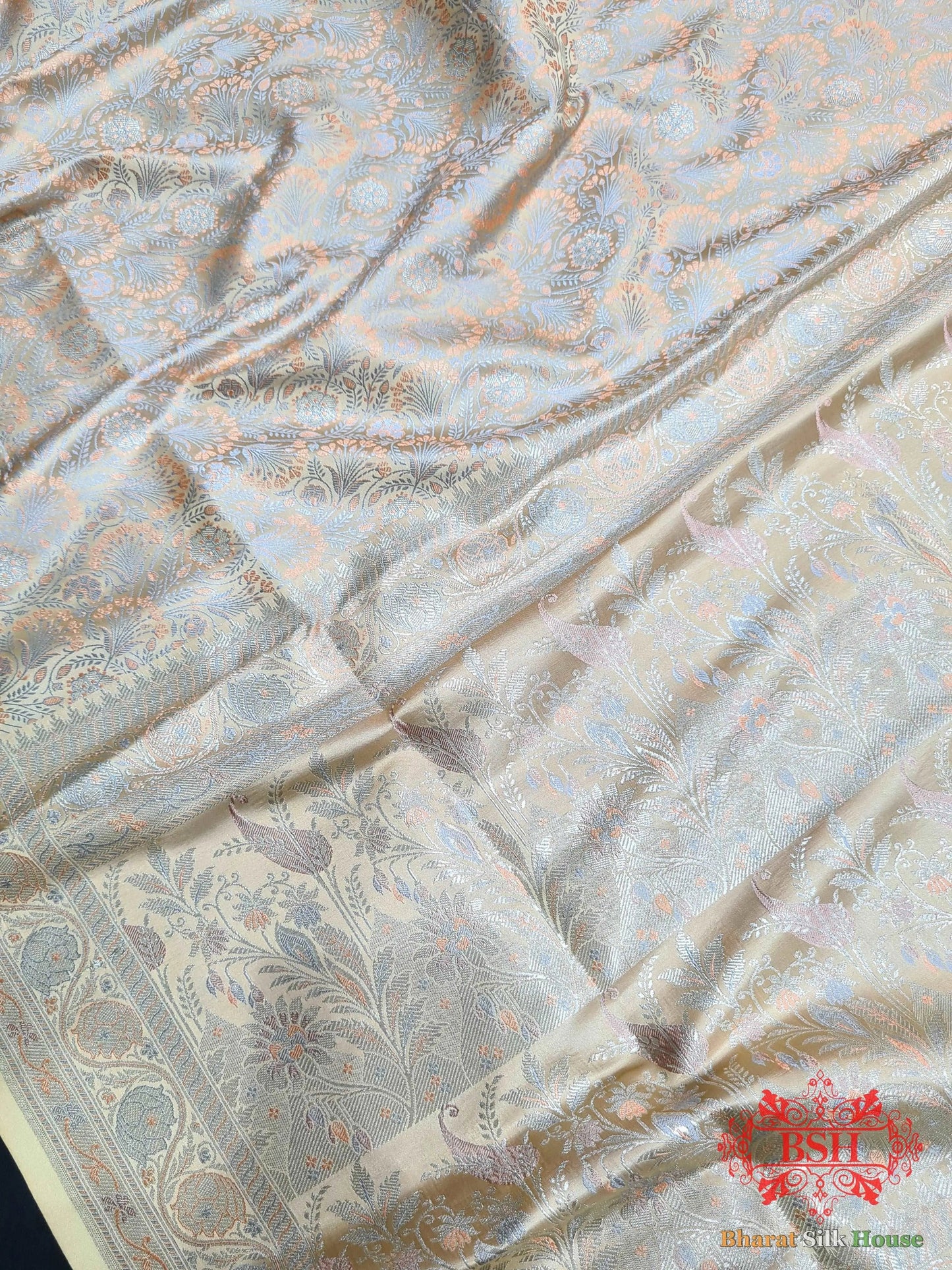 Beige Dohri Resham Zari Booti Tanchoi Silk Saree - Bharat Silk House