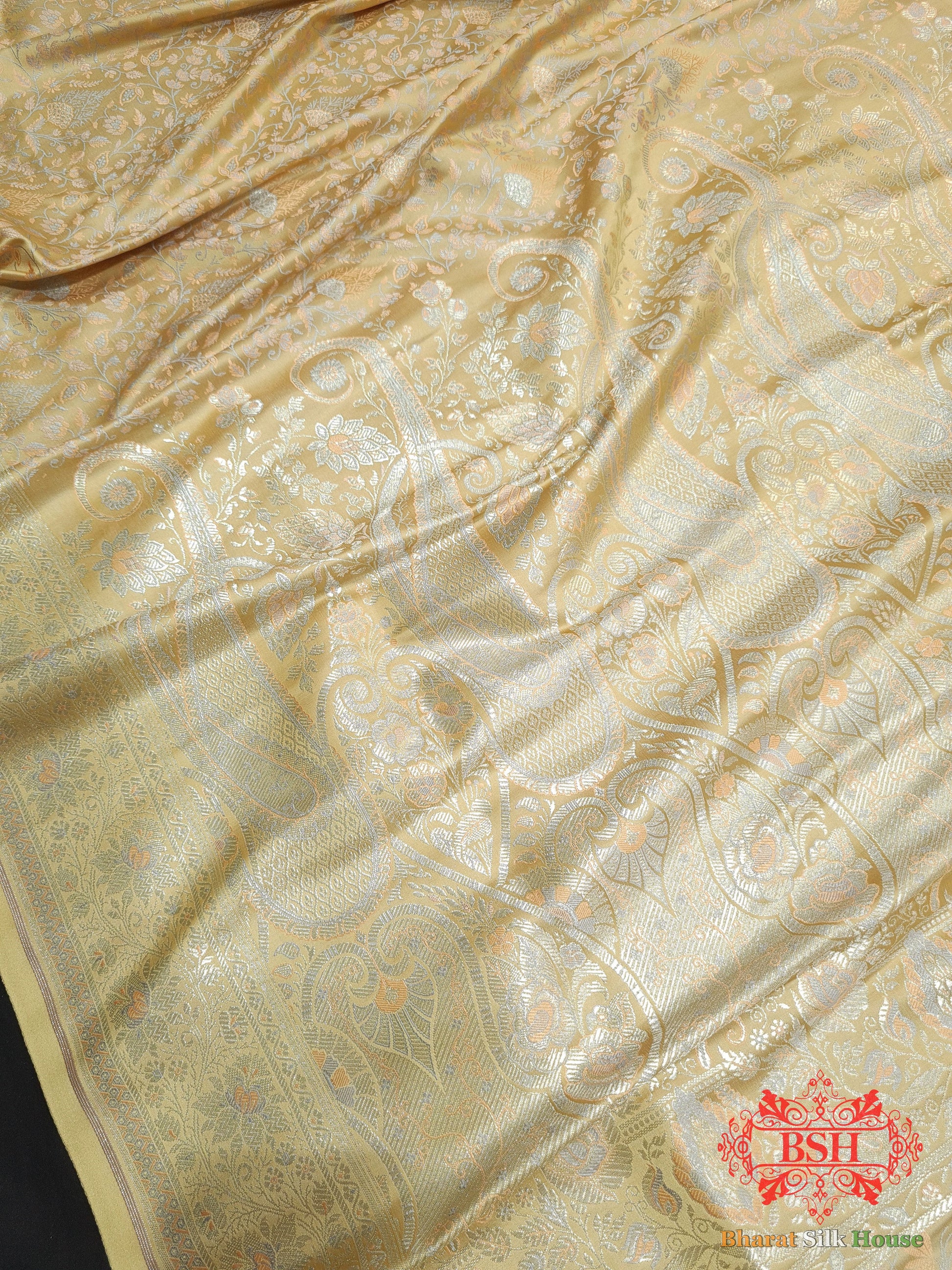 Beige Dohri Resham Zari Booti Tanchoi Silk Saree - Bharat Silk House