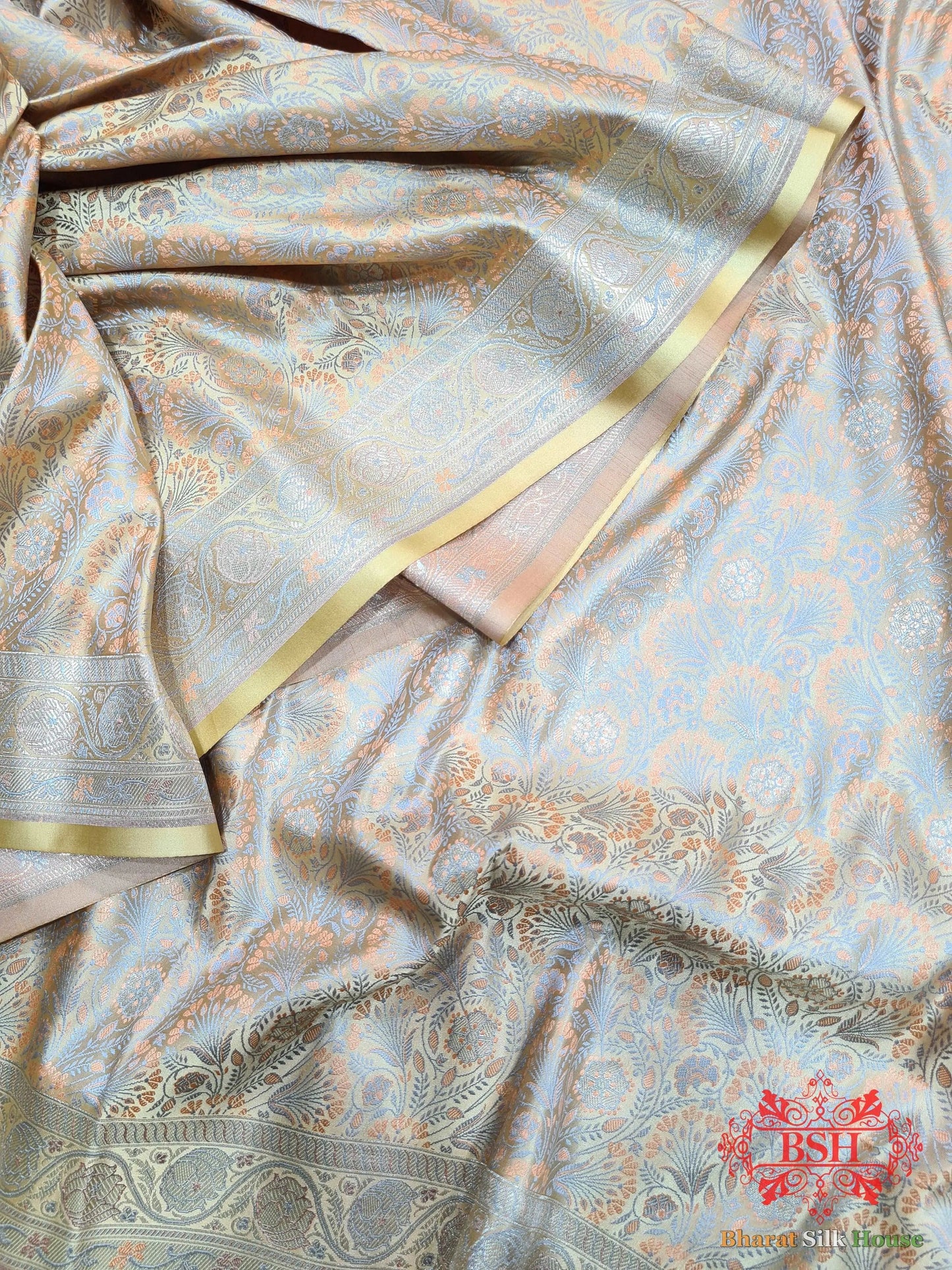 Beige Dohri Resham Zari Booti Tanchoi Silk Saree - Bharat Silk House