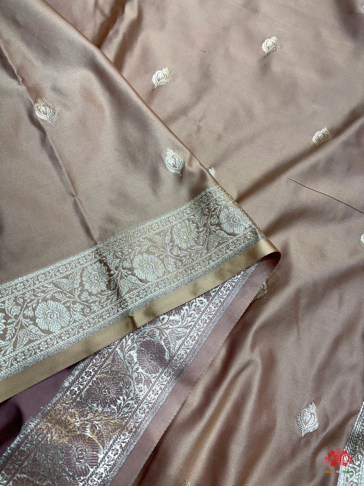 Beige Mashru Silk All Over Booti With Jaal Blouse Design Saree - Bharat Silk House Mashroo Silk