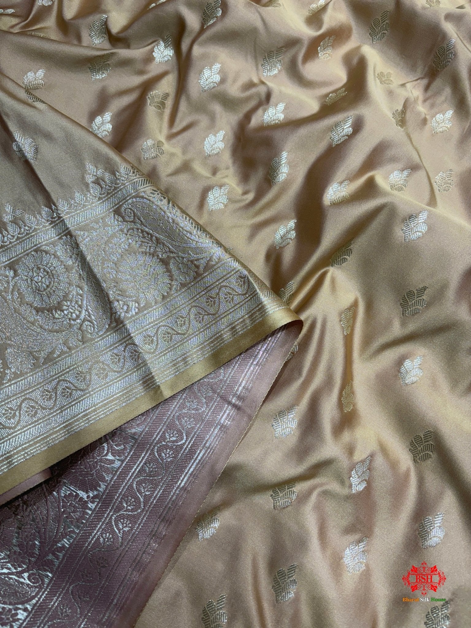 Beige Mashru Silk All Over Booti With Jaal Blouse Design Saree - Bharat Silk House Mashroo Silk