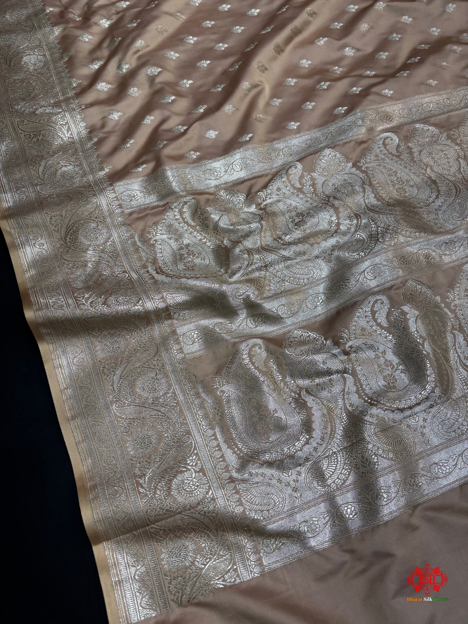 Beige Mashru Silk All Over Booti With Jaal Blouse Design Saree - Bharat Silk House Mashroo Silk