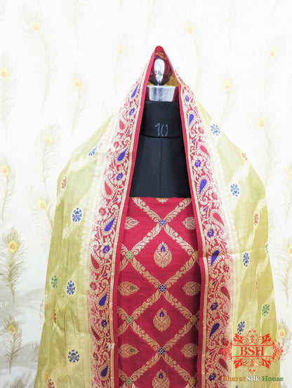 Crimson Red Banarasi Silk Unstitched Suit Set Banarasi Cotton Bharat Silk House