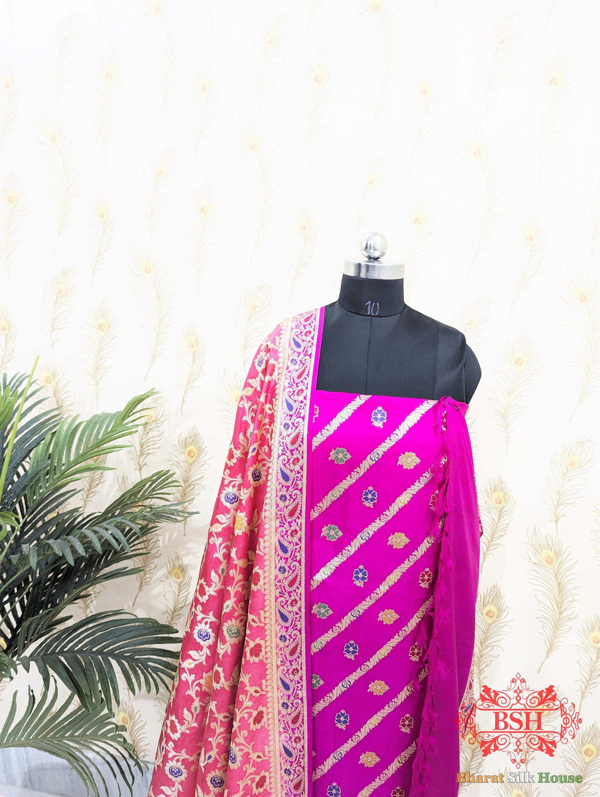 Fuchsia Dyeable Bararasi Silk Unstitched Suit Set With Meenakari Work Banarasi Cotton Bharat Silk House