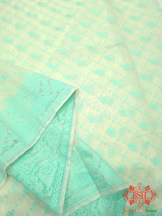 Off White/C Green Woven Banarasi Cotton Saree Banarasi Cotton Bharat Silk House