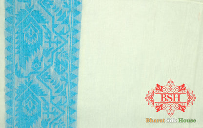 Off White/Firozi Woven Banarasi Cotton Saree Banarasi Cotton Bharat Silk House
