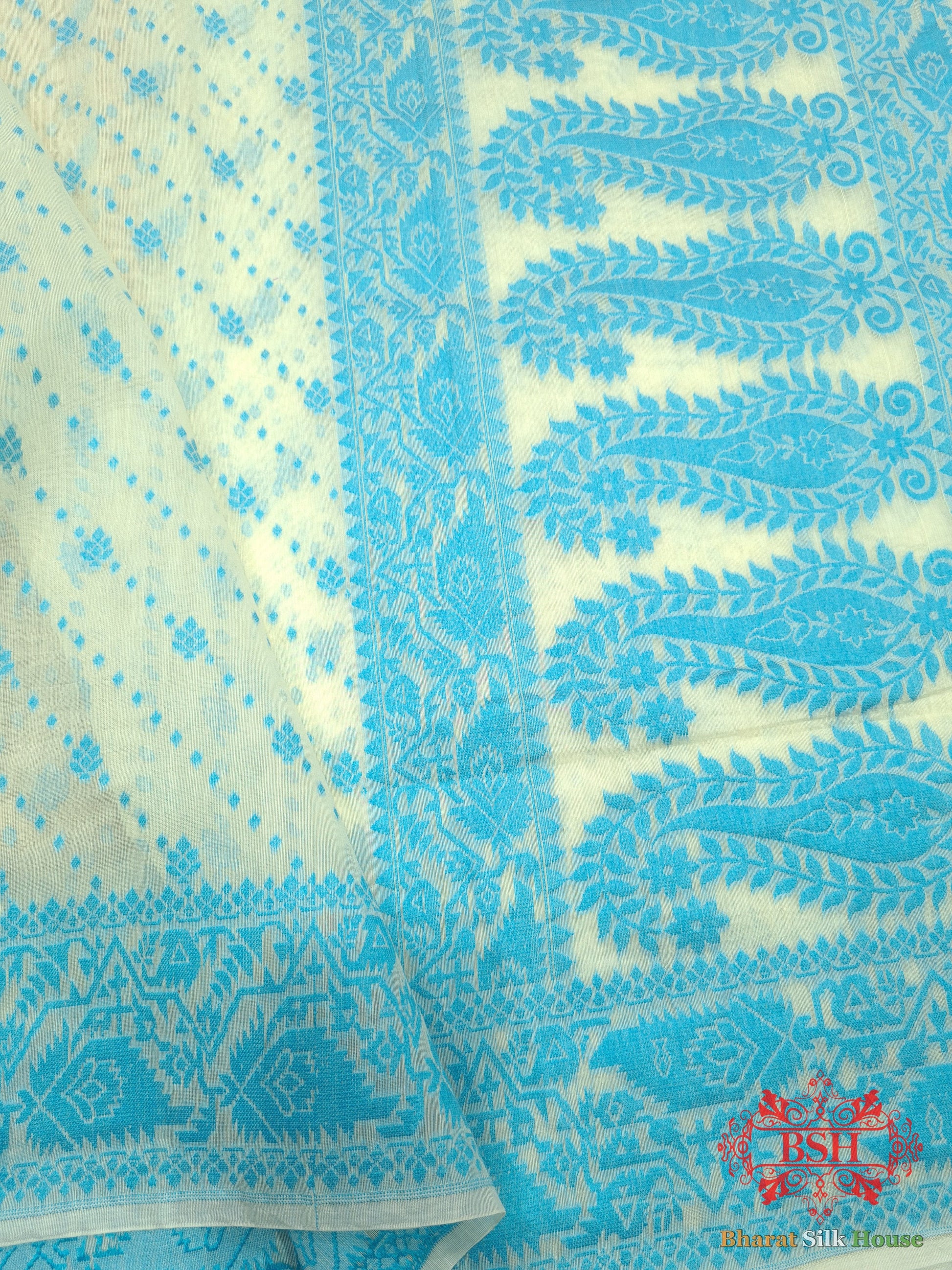 Off White/Firozi Woven Banarasi Cotton Saree Banarasi Cotton Bharat Silk House