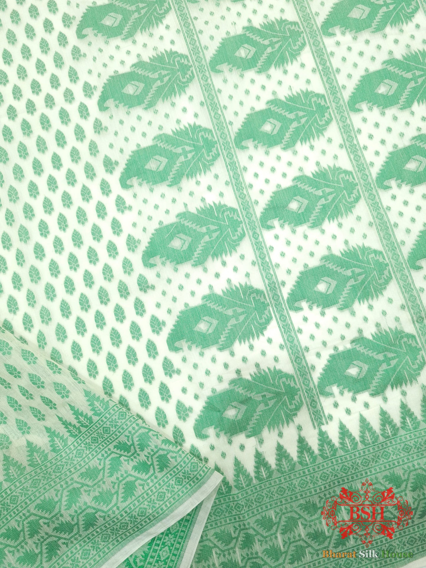 Off White/Green Woven Banarasi Cotton Saree Banarasi Cotton Bharat Silk House