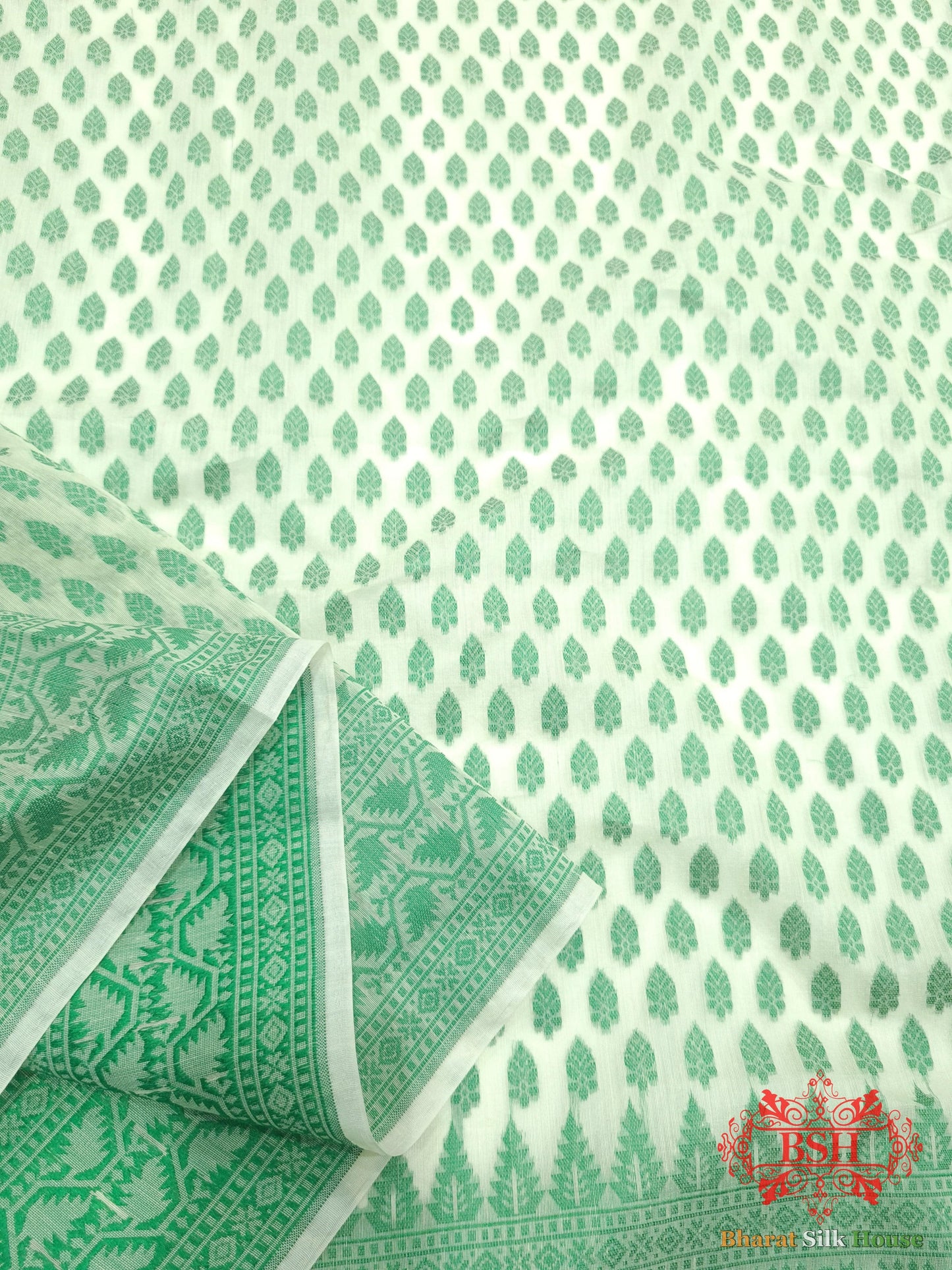 Off White/Green Woven Banarasi Cotton Saree Banarasi Cotton Bharat Silk House