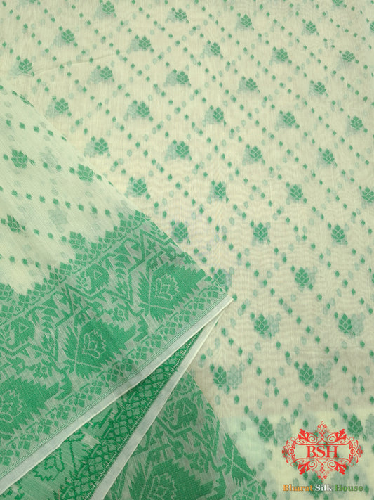 Off White/Green Woven Banarasi Cotton Saree Banarasi Cotton Bharat Silk House