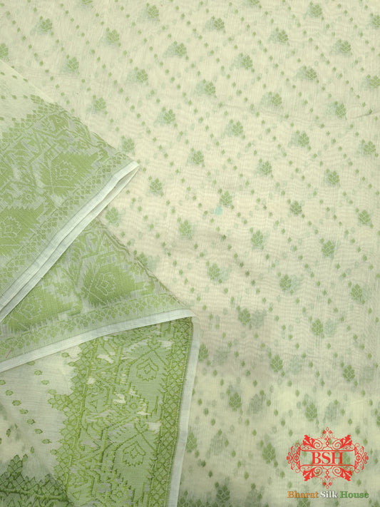 Off White/Mehandi Green Woven Banarasi Cotton Saree Banarasi Cotton Bharat Silk House