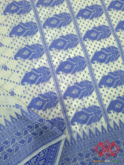 Off White/Royal Blue Woven Banarasi Cotton Saree Banarasi Cotton Bharat Silk House