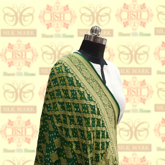 Deep Green Georgette Banarasi Handloom Bandhani Dupatta Bandhej Bharat Silk House