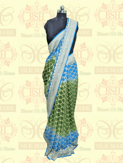 Dual Shade Pure Georgette Banarasi Bandhej Handloom Saree Bandhej Bharat Silk House