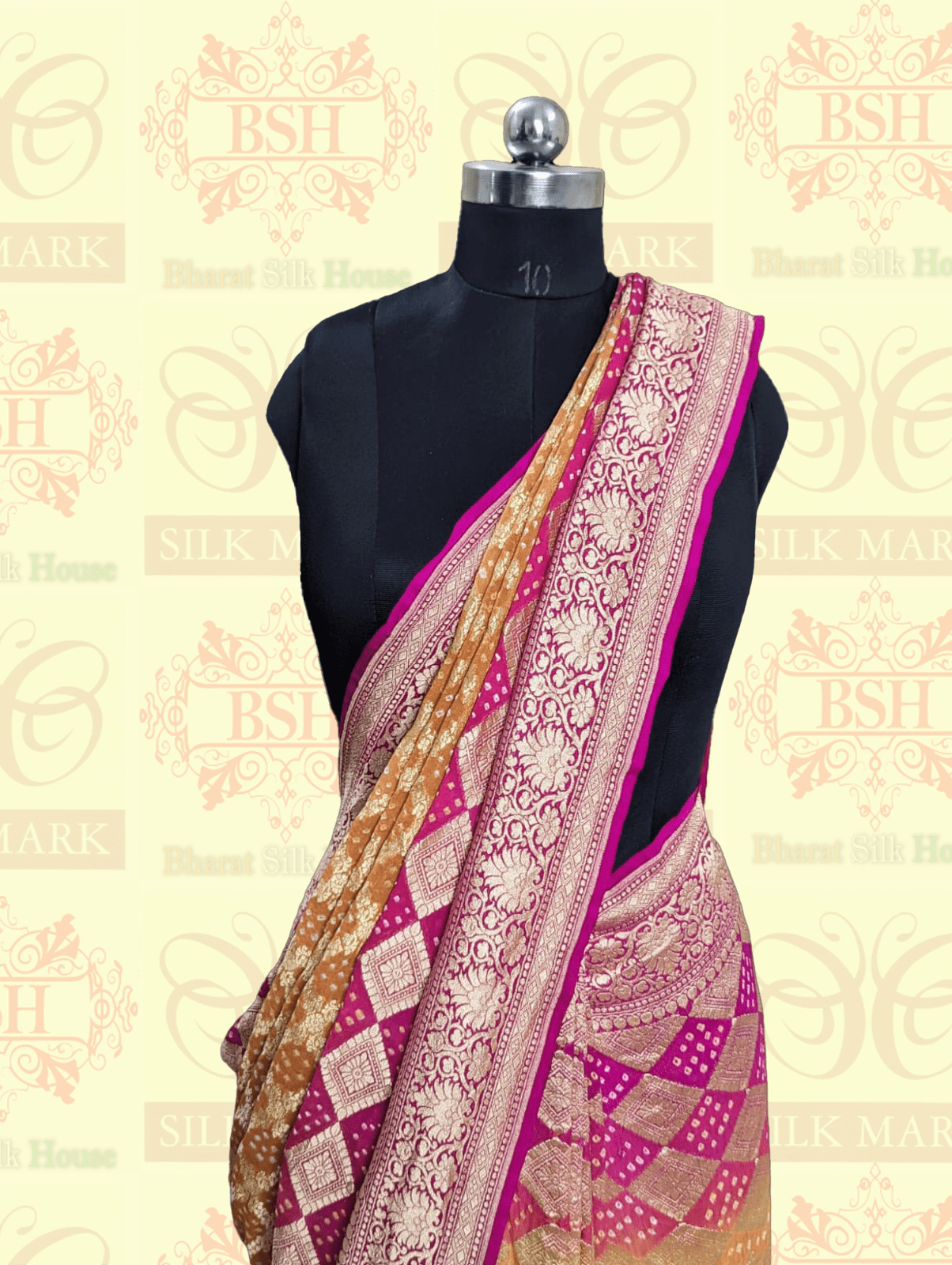 Georgette Jaal Banaraasi Bandhani Saree In Shades Of Rani & Orange Bandhej Bharat Silk House