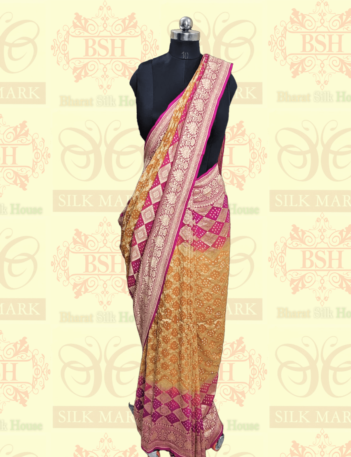 Georgette Jaal Banaraasi Bandhani Saree In Shades Of Rani & Orange Bandhej Bharat Silk House