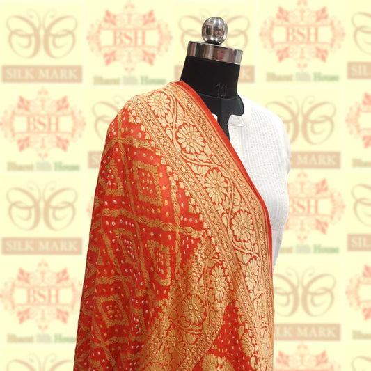 Orange Georgette Banarasi Handloom Bandhani Dupatta Bandhej Bharat Silk House