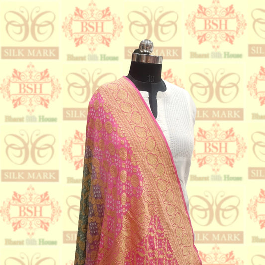 Pink/Grey Pure Georgette Banarasi Handloom Bandhani Dupatta Bandhej Bharat Silk House
