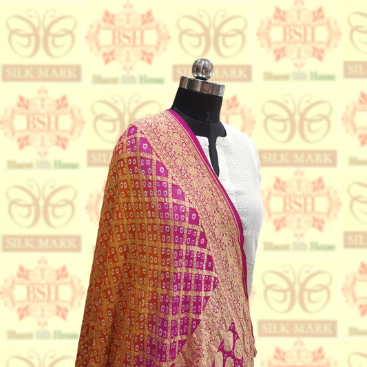 Pink/Orange Georgette Banarasi Handloom Bandhani Dupatta Bandhej Bharat Silk House