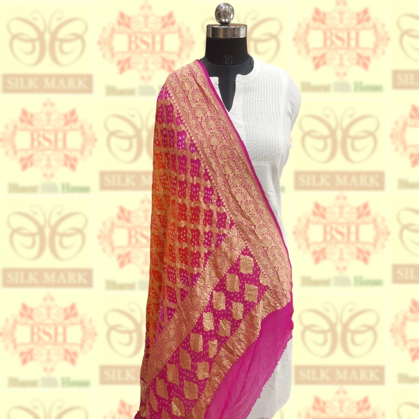 Pink/Orange Pure Georgette Banarasi Handloom Bandhani Dupatta Bandhej Bharat Silk House