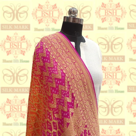 Pink/Orange Pure Georgette Banarasi Handloom Bandhani Dupatta Bandhej Bharat Silk House