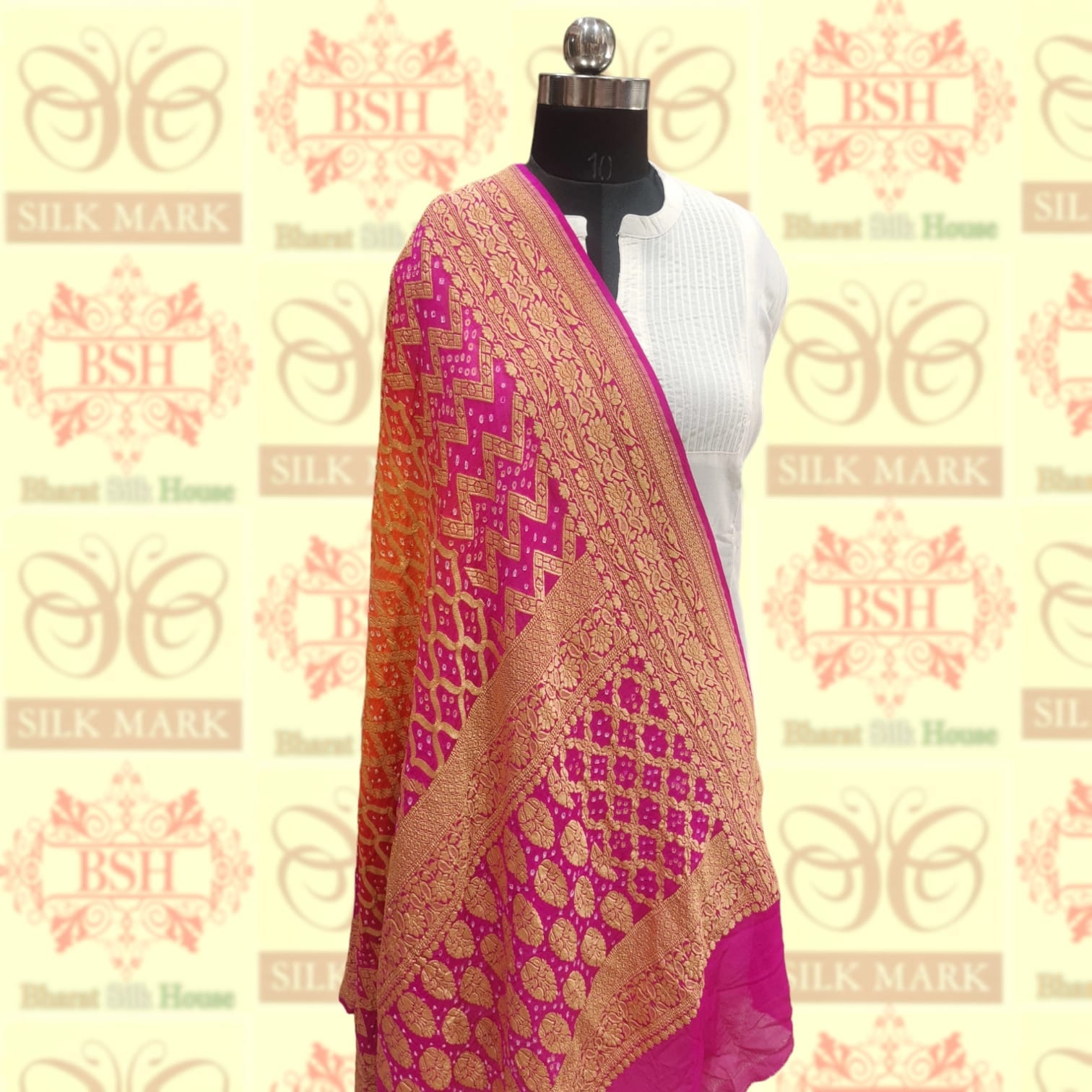 Pink/Orange Pure Georgette Banarasi Handloom Bandhani Dupatta Bandhej Bharat Silk House