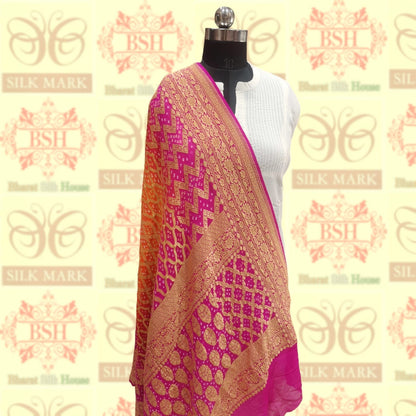 Pink/Orange Pure Georgette Banarasi Handloom Bandhani Dupatta Bandhej Bharat Silk House