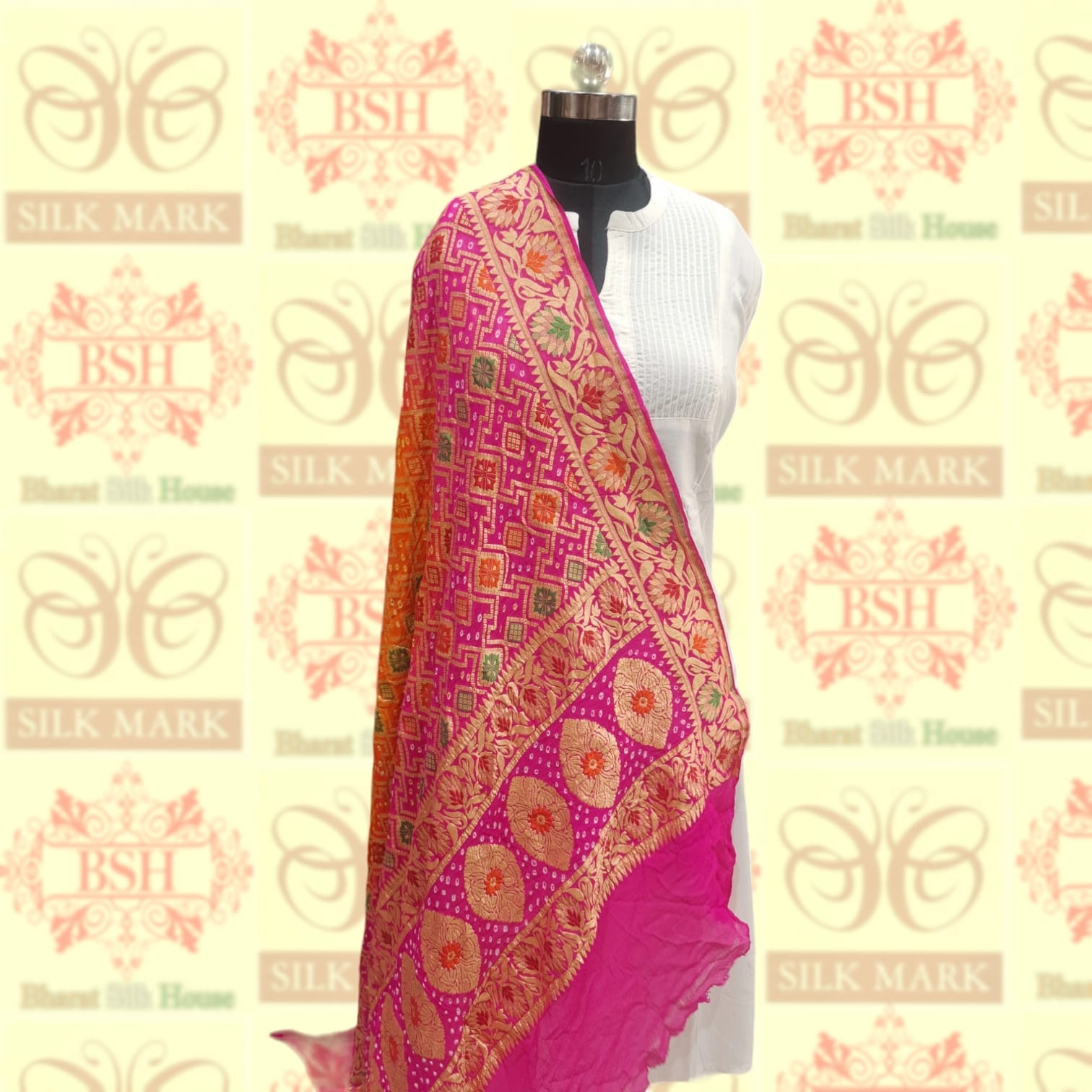 Pink/Orange Pure Georgette Banarasi Handloom Meenakari Bandhani Dupatta Bandhej Bharat Silk House