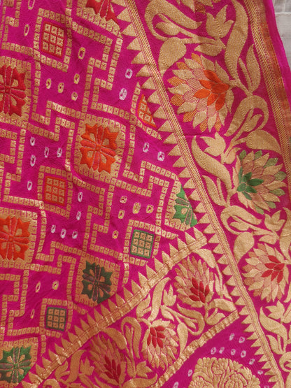 Pink/Orange Pure Georgette Banarasi Handloom Meenakari Bandhani Dupatta Bandhej Bharat Silk House