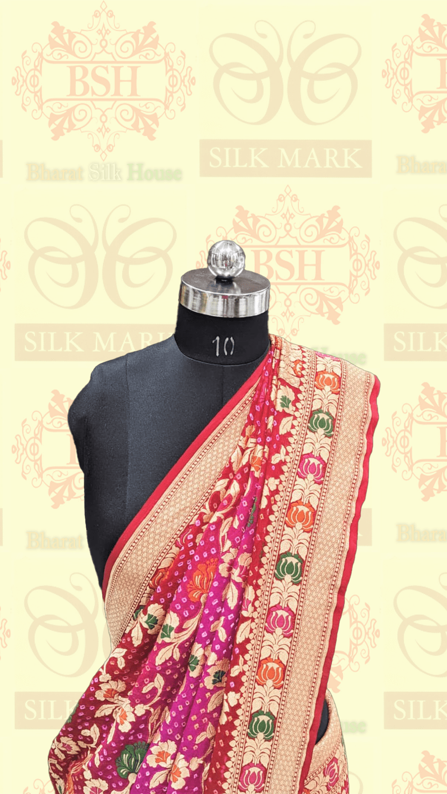 Pure Banarasi Georgette Bandhej Meenakari Handloom Saree In Shades Of Pink/Red Bandhej Bharat Silk House