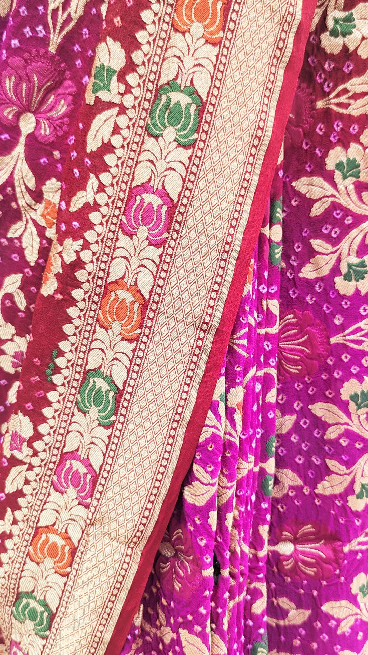 Pure Banarasi Georgette Bandhej Meenakari Handloom Saree In Shades Of Pink/Red Bandhej Bharat Silk House