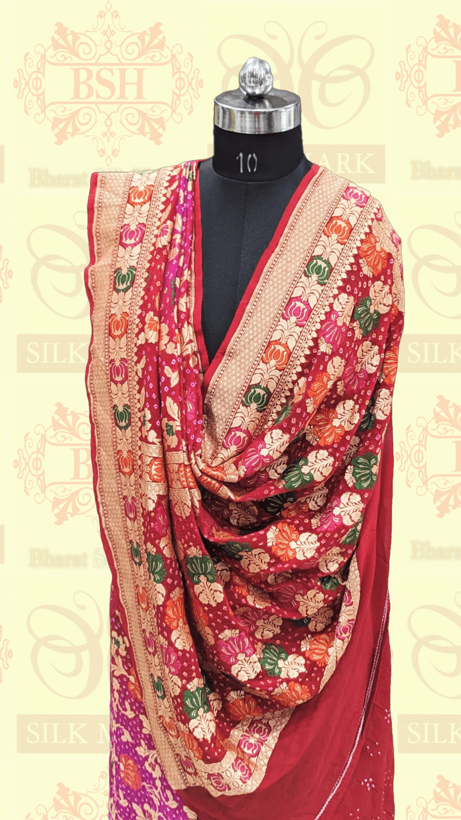 Pure Banarasi Georgette Bandhej Meenakari Handloom Saree In Shades Of Pink/Red Bandhej Bharat Silk House