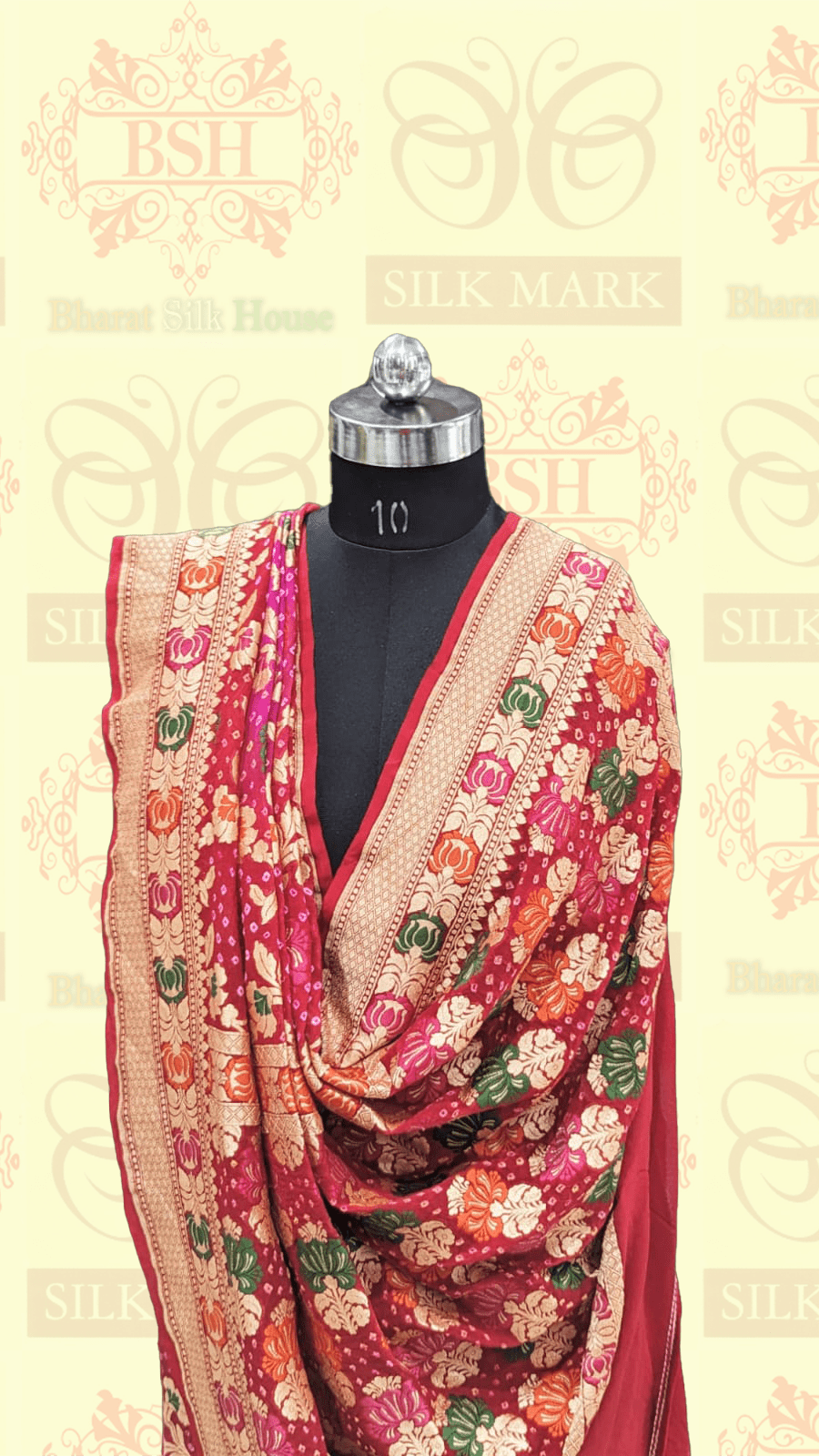 Pure Banarasi Georgette Bandhej Meenakari Handloom Saree In Shades Of Pink/Red Bandhej Bharat Silk House