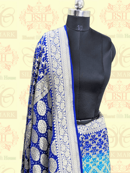 Pure Banarasi Khaddi Georgette Bandhej Saree In Shades Of Rama Royal Blue Bandhej Bharat Silk House